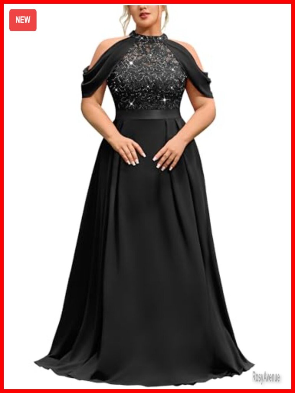 MISSMAY Women's Plus Size Formal Halter Cape Dress Sequin Lace Maxi Gown